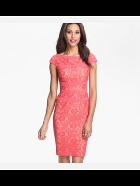 Size 4 Adrianna Papell Coral Lace Cap-Sleeve Sheath Dress